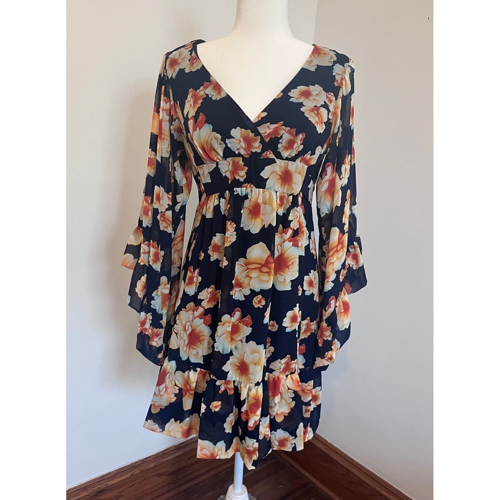 Betsey Johnson Floral Chiffon Bambi Mini Dress Size 2 Navy Orange Feminine